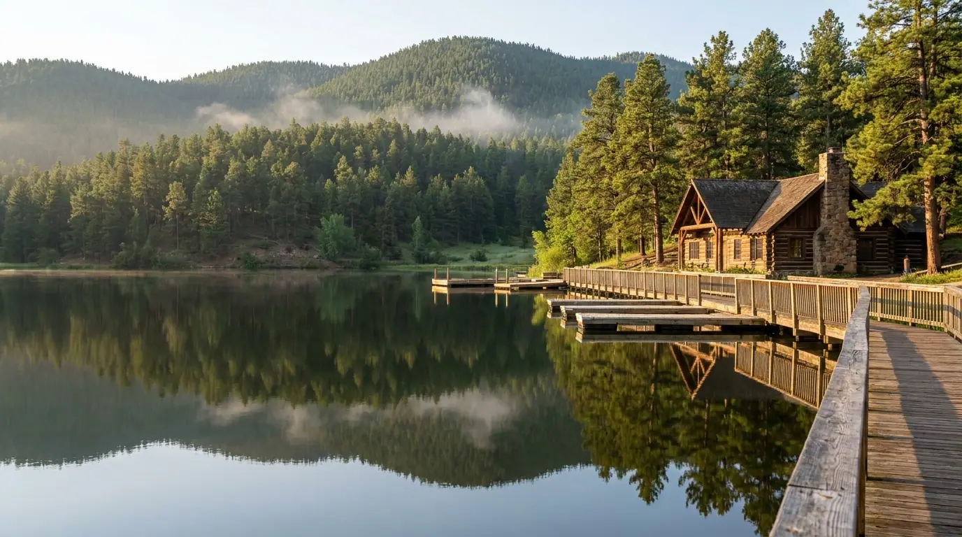 Evergreen Lake on a still summer morning (illustrative)