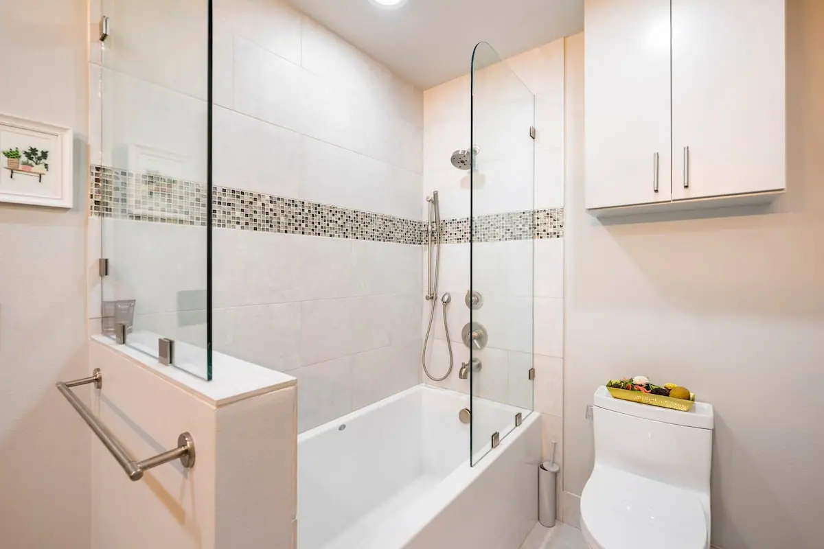 Bathroom with glass shower — Evergreen Mountain House